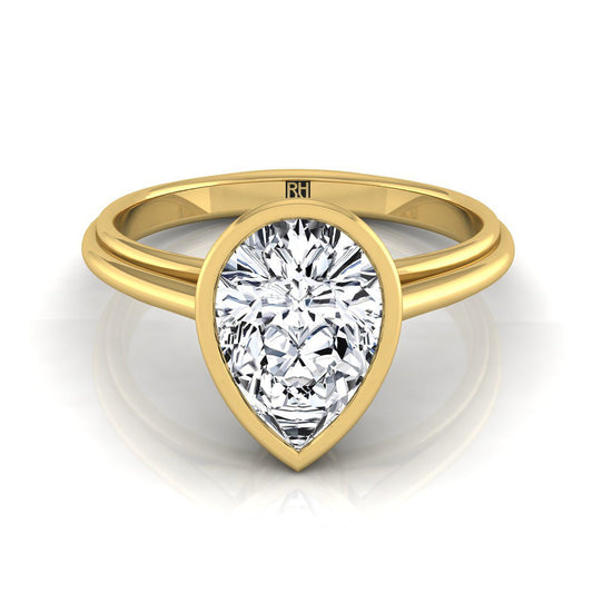 18K Yellow Gold Pear Shape Center  Bezel Halo Cathedral Solitaire Engagement Ring