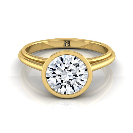14K Yellow Gold Round Brilliant  Bezel Halo Cathedral Solitaire Engagement Ring