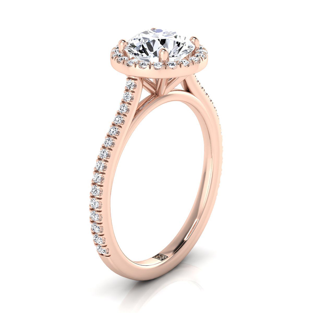 14K Rose Gold Round Brilliant Classic French Pave Halo and Linear Engagement Ring -1/4ctw