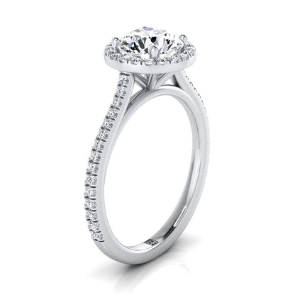 Platinum Round Brilliant Classic French Pave Halo and Linear Engagement Ring -1/4ctw