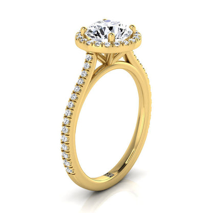 14K Yellow Gold Round Brilliant Classic French Pave Halo and Linear Engagement Ring -1/4ctw