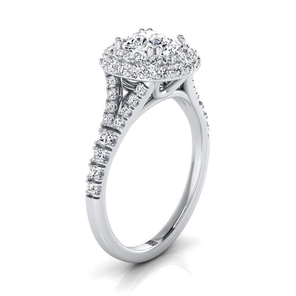 Platinum Cushion Diamond Double Halo Split Shank French Pave Engagement Ring -5/8ctw
