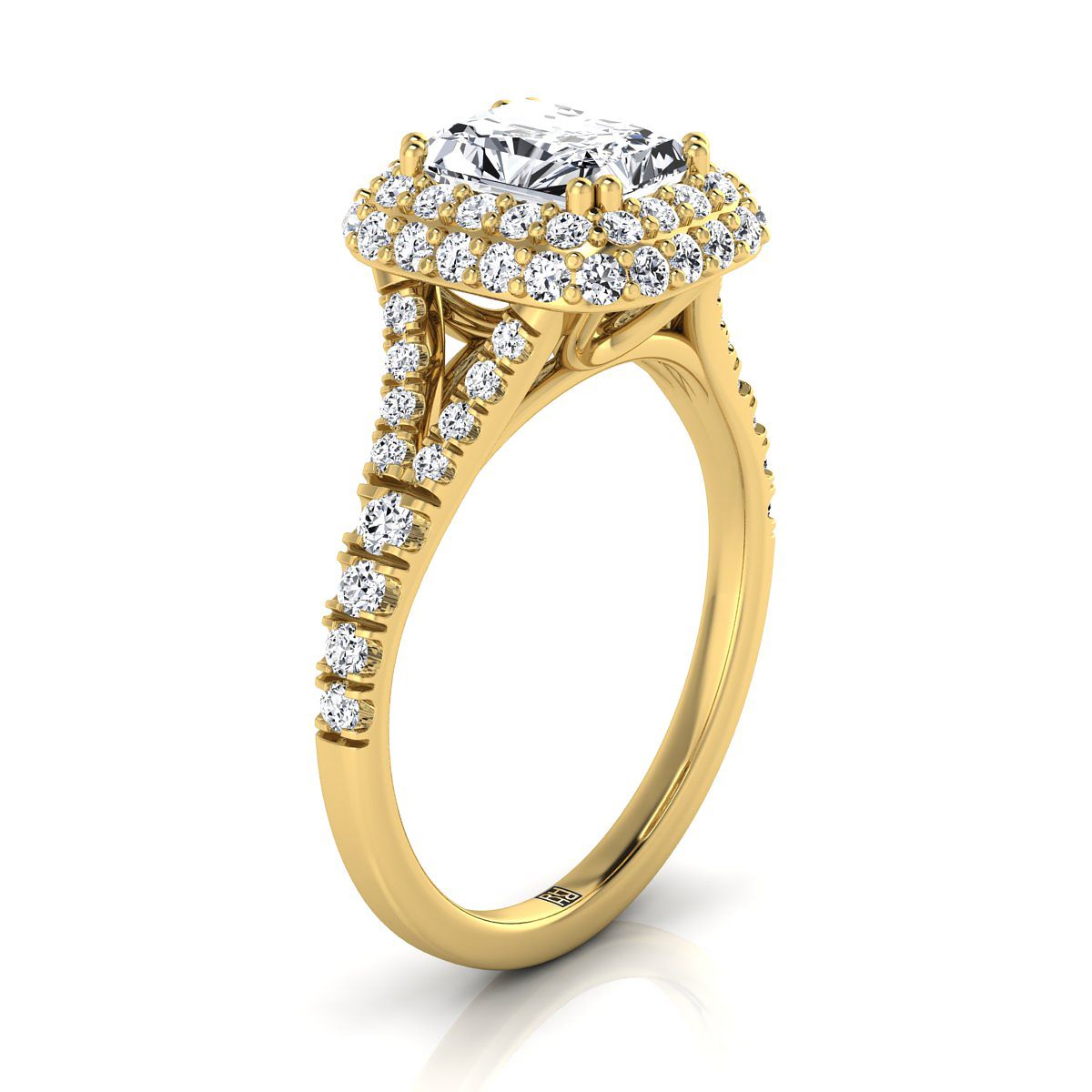 14K Yellow Gold Radiant Cut Center Diamond Double Halo Split Shank French Pave Engagement Ring -5/8ctw