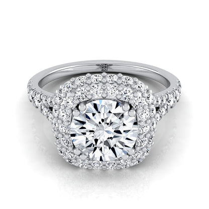 Platinum Round Brilliant Diamond Double Halo Split Shank French Pave Engagement Ring -5/8ctw