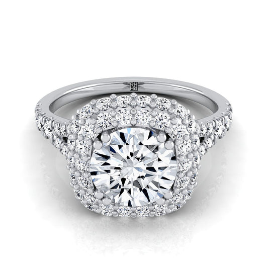Platinum Round Brilliant Diamond Double Halo Split Shank French Pave Engagement Ring -5/8ctw