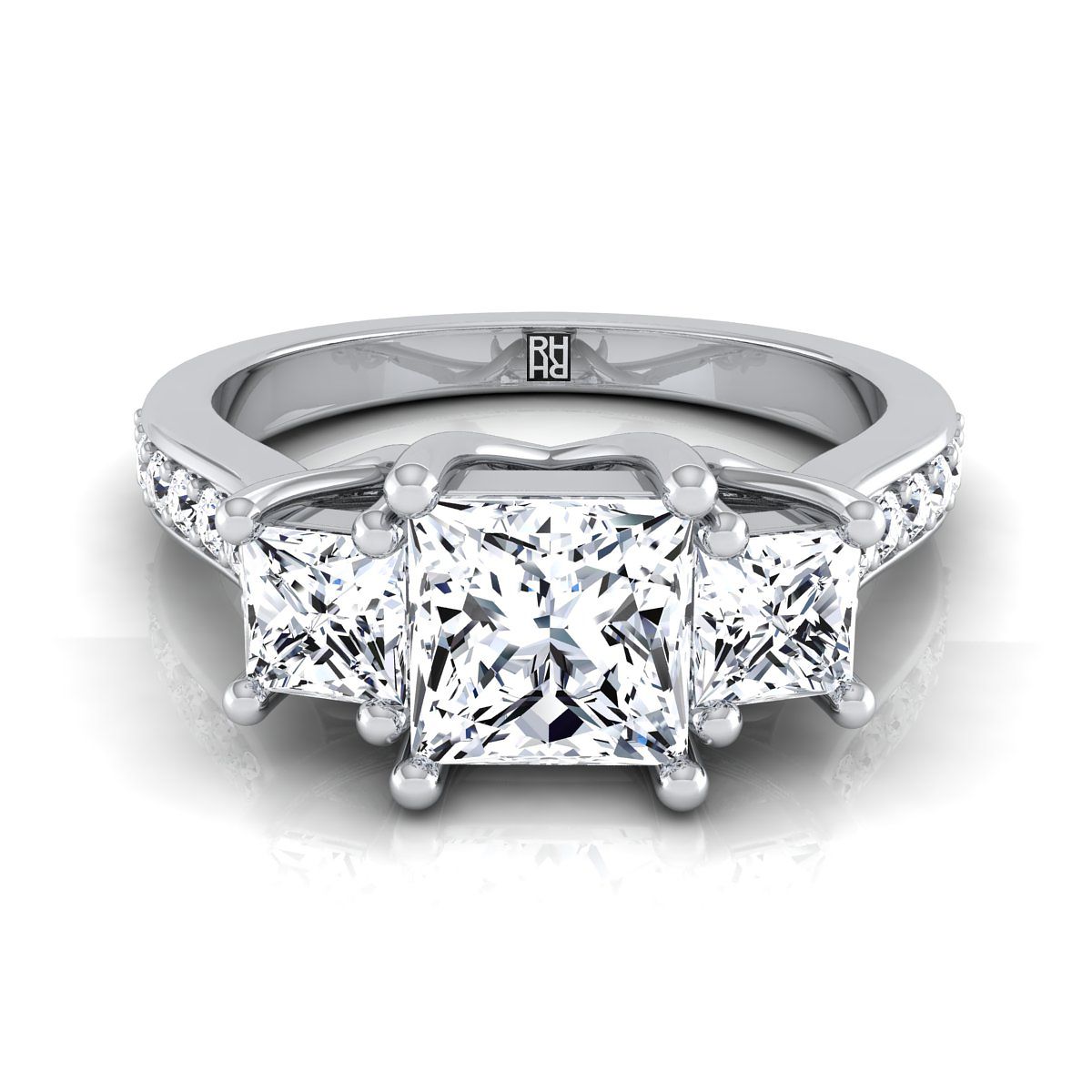 14K White Gold Princess Cut Diamond Three Stone Classic with Channel French Pave Engagement Ring -3/4ctw
