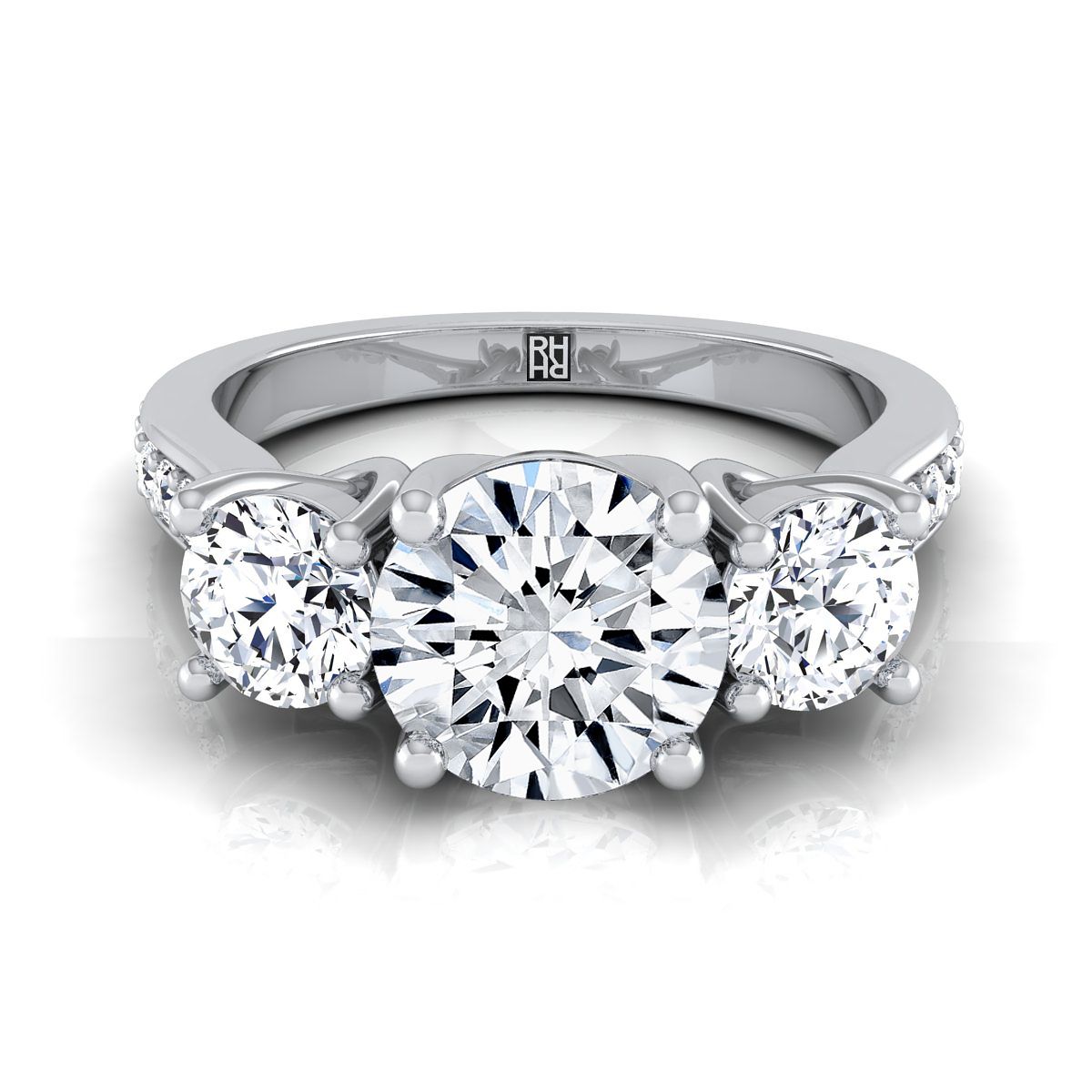 14K White Gold Round Brilliant Diamond Three Stone Classic with Channel French Pave Engagement Ring -7/8ctw
