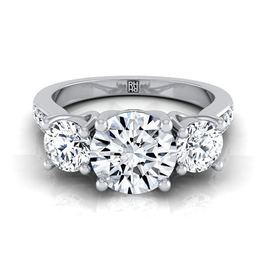 14K White Gold Round Brilliant Diamond Three Stone Classic with Channel French Pave Engagement Ring -7/8ctw