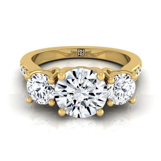 14K Yellow Gold Round Brilliant Diamond Three Stone Classic with Channel French Pave Engagement Ring -7/8ctw