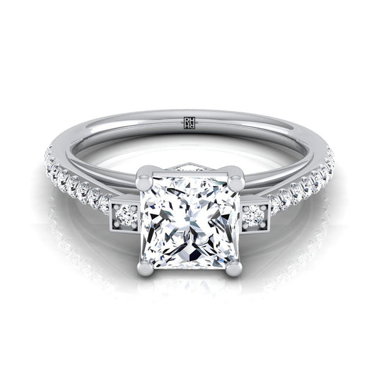 Platinum Princess Cut Diamond Delicate Three Stone Pave Engagement Ring -1/3ctw
