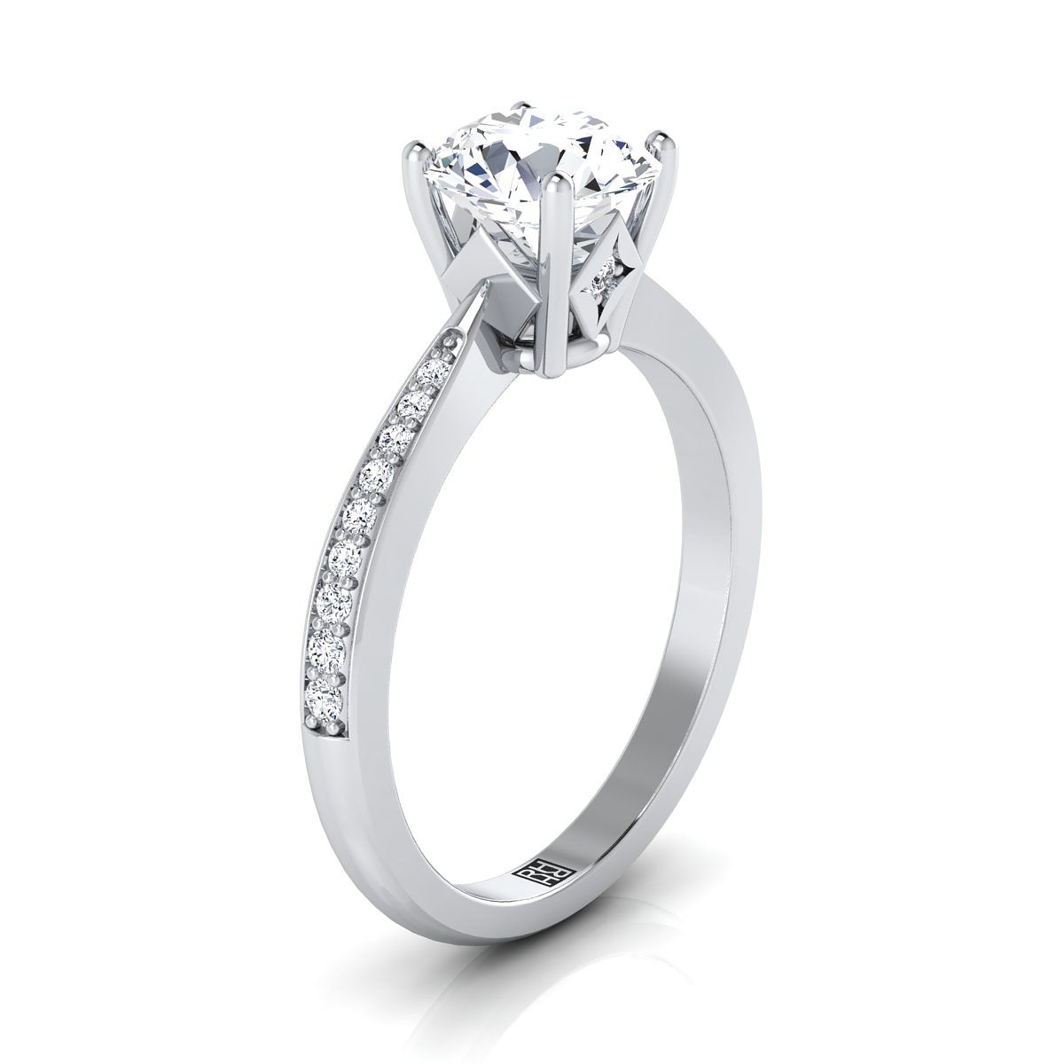 Platinum Round Brilliant Emerald Tapered Pave Diamond Engagement Ring -1/8ctw
