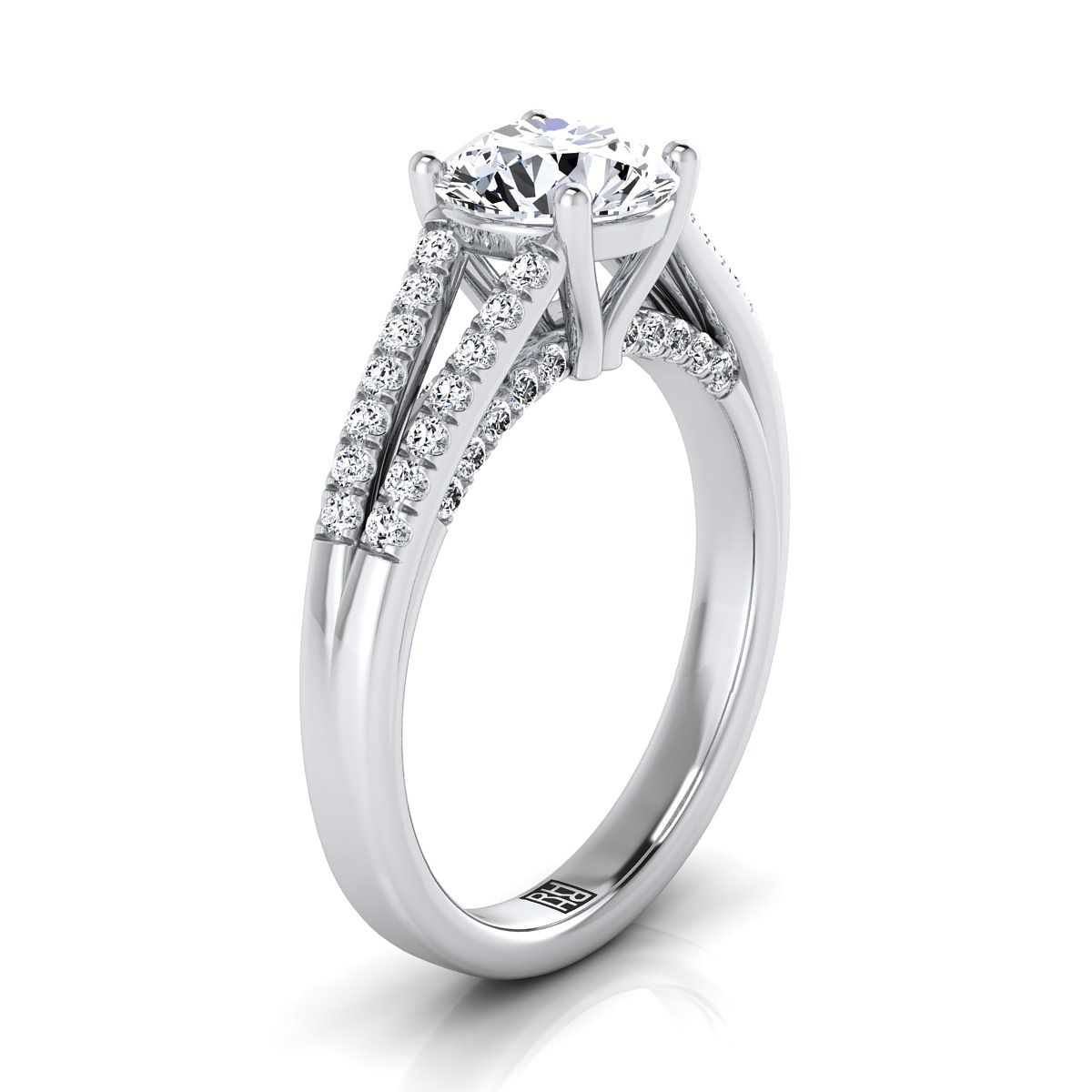 14K White Gold Round Brilliant Diamond Split Shank French Pave Engagement Ring -1/3ctw