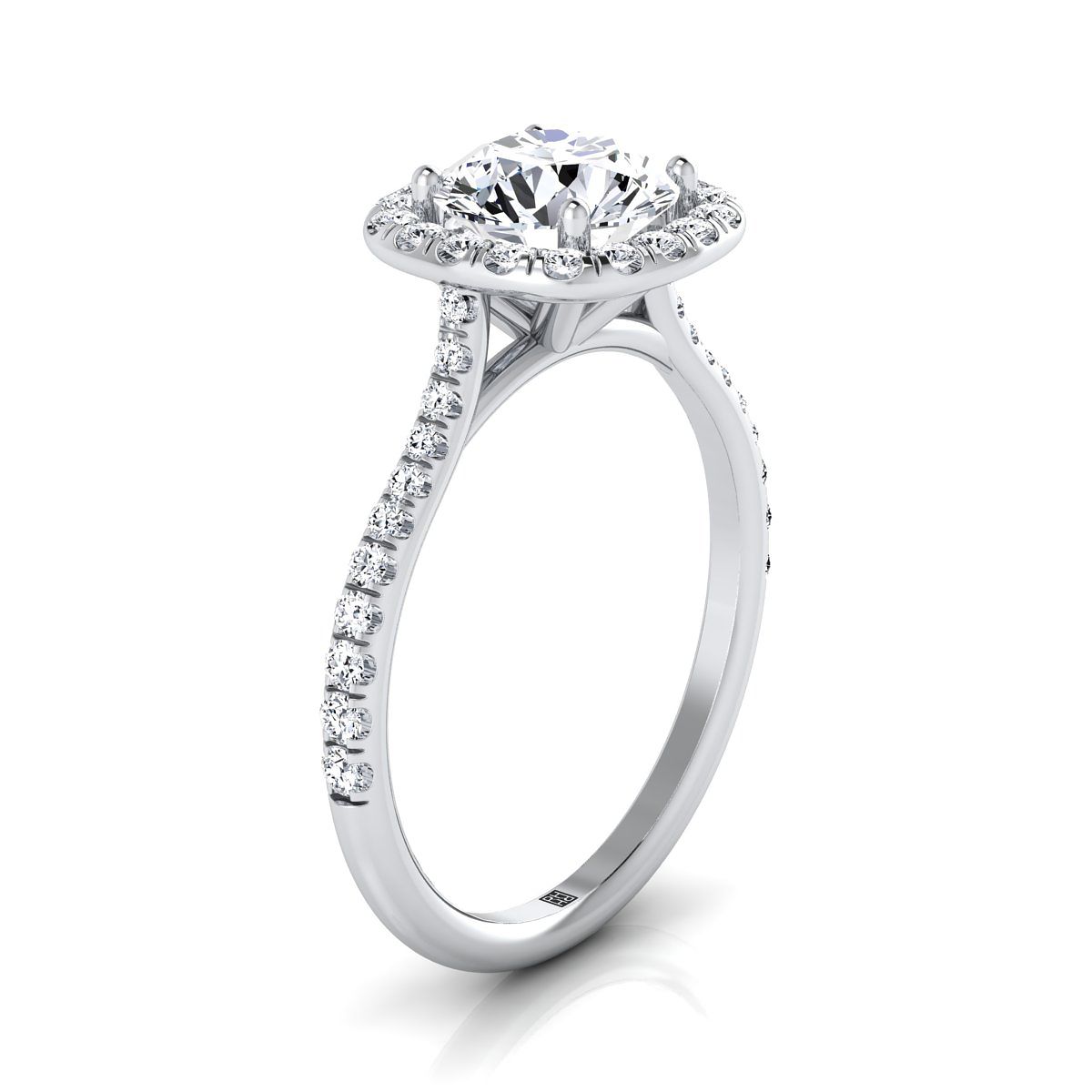 14K White Gold Round Brilliant Diamond Shared Prong Halo Engagement Ring -3/8ctw