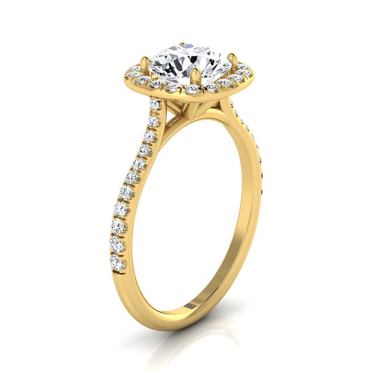 18K Yellow Gold Round Brilliant Aquamarine Shared Prong Diamond Halo Engagement Ring -3/8ctw
