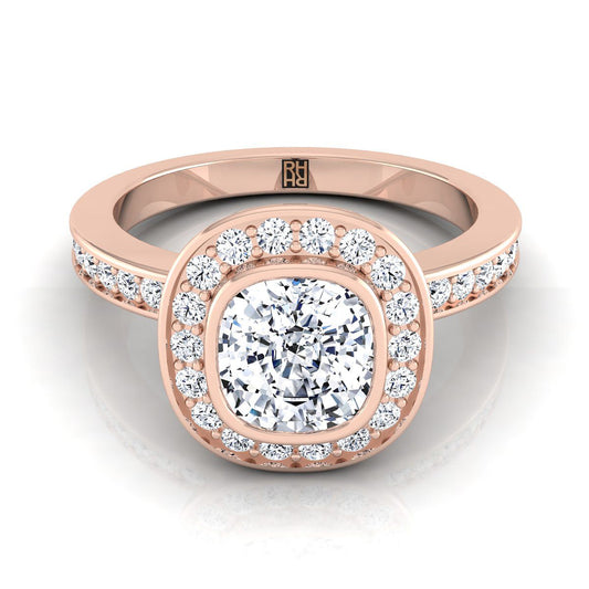 14K Rose Gold Cushion Diamond Matching Halo and Channel Band Engagement Ring -3/8ctw