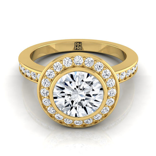 14K Yellow Gold Round Brilliant Diamond Matching Halo and Channel Band Engagement Ring -3/8ctw