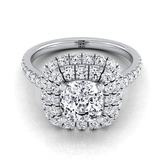 Platinum Cushion Double Halo and Linear Pave Engagement Diamond Ring -3/4ctw
