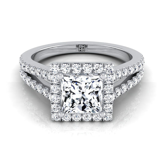 Platinum Princess Cut Split Shank and Diamond Pave Halo Engagement Ring -1/2ctw