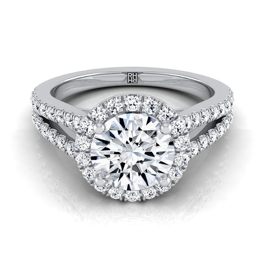 Platinum Round Brilliant Split Shank and Diamond Pave Halo Engagement Ring -1/2ctw