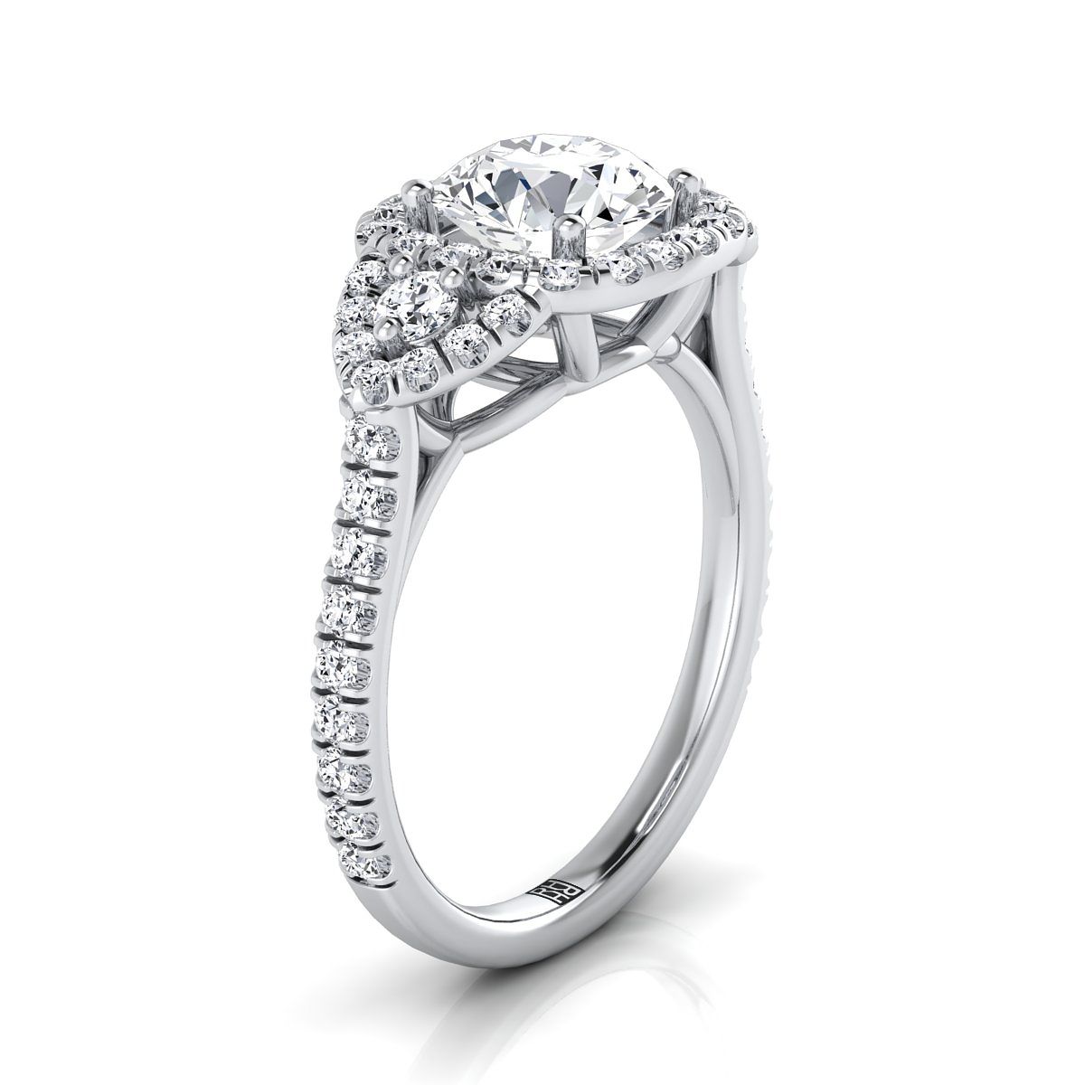 14K White Gold Round Brilliant Emerald Delicate Three Stone Halo Pave Diamond Engagement Ring -5/8ctw
