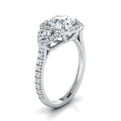 Platinum Round Brilliant Emerald Delicate Three Stone Halo Pave Diamond Engagement Ring -5/8ctw