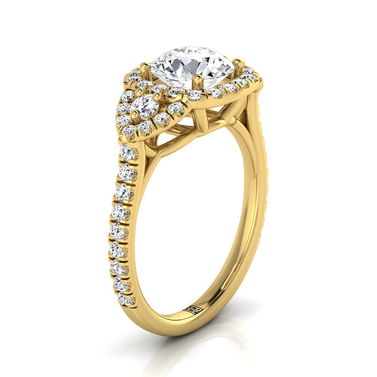 14K Yellow Gold Round Brilliant Emerald Delicate Three Stone Halo Pave Diamond Engagement Ring -5/8ctw