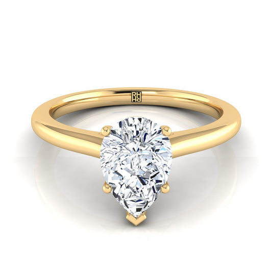 18K Yellow Gold Pear Shape Center  Pinched Comfort Fit Claw Prong Solitaire Engagement Ring
