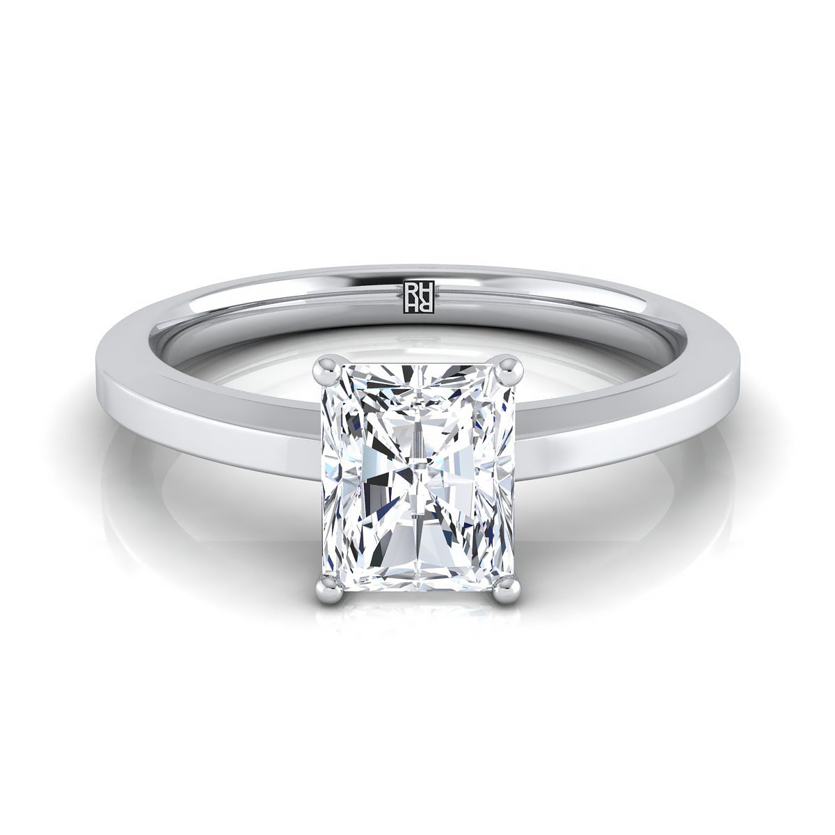 18K White Gold Radiant Cut Center  Beveled Edge Comfort Style Bright Finish Solitaire Engagement Ring
