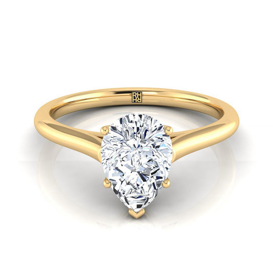 18K Yellow Gold Pear Shape Center  Cathedral Style Comfort Fit Solitaire Engagement Ring
