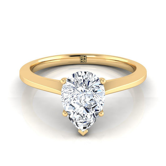 18K Yellow Gold Pear Shape Center  Timeless Solitaire Comfort Fit Engagement Ring
