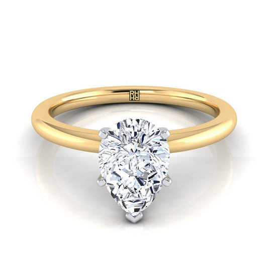 14K Yellow Gold Pear Shape Center  Round Comfort Fit Claw Prong Solitaire Engagement Ring