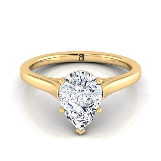 18K Yellow Gold Pear Shape Center  Elegant Cathedral Solitaire Engagement Ring