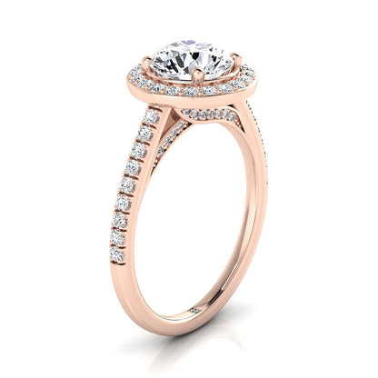 14K Rose Gold Round Brilliant Aquamarine French Pave Halo Secret Gallery Diamond Engagement Ring -3/8ctw