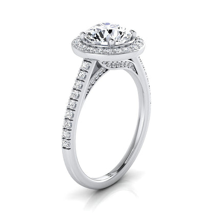 Platinum Round Brilliant Emerald French Pave Halo Secret Gallery Diamond Engagement Ring -3/8ctw