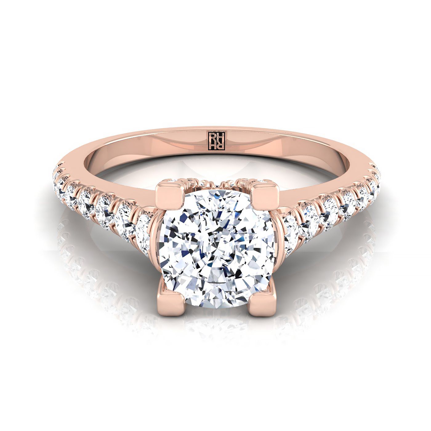 14K Rose Gold Cushion Diamond Pave Prong Linear Engagement Ring -1/2ctw