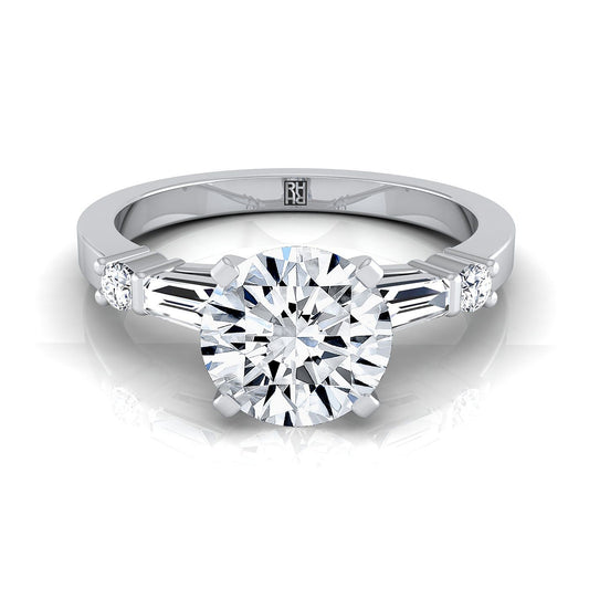 14K White Gold Round Brilliant Diamond Simple Baguette and Round Solitaire Engagement Ring -1/4ctw