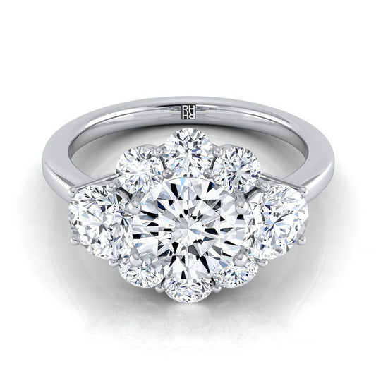 14K White Gold Round Brilliant Modern Three Stone Blossom Diamond Engagement Ring -1-3/4ctw