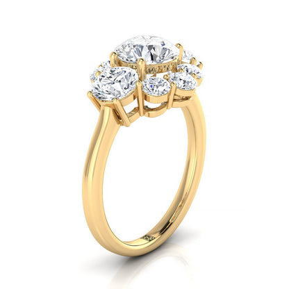 14K Yellow Gold Round Brilliant Modern Three Stone Blossom Diamond Engagement Ring -1-3/4ctw