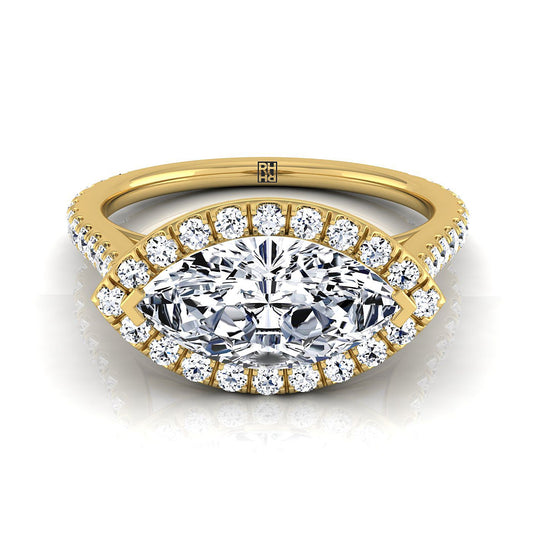 18K Yellow Gold Marquise  Diamond Horizontal Fancy East West Halo Engagement Ring -1/2ctw