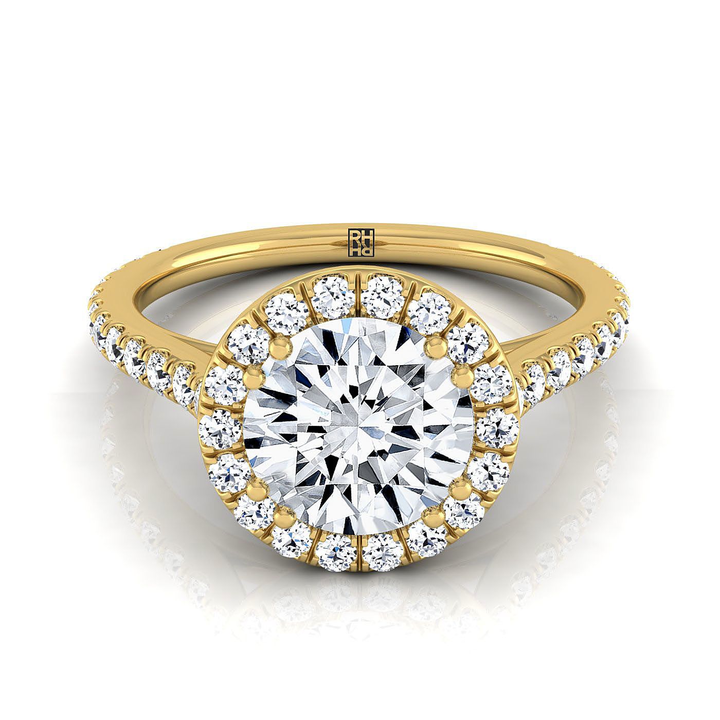 14K Yellow Gold Round Brilliant Diamond Horizontal Fancy East West Halo Engagement Ring -1/2ctw