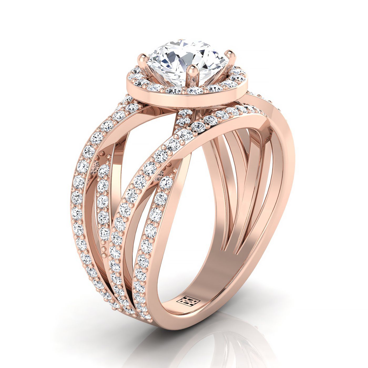 14K Rose Gold Round Brilliant Unique Open Intertwined Diamond Pave Row Engagement Ring -1ctw