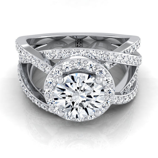 18K White Gold Round Brilliant Unique Open Intertwined Diamond Pave Row Engagement Ring -1ctw