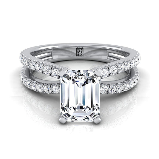 18K White Gold Emerald Cut Diamond Two Row Pavé Split Shank Engagement Ring -1/3ctw