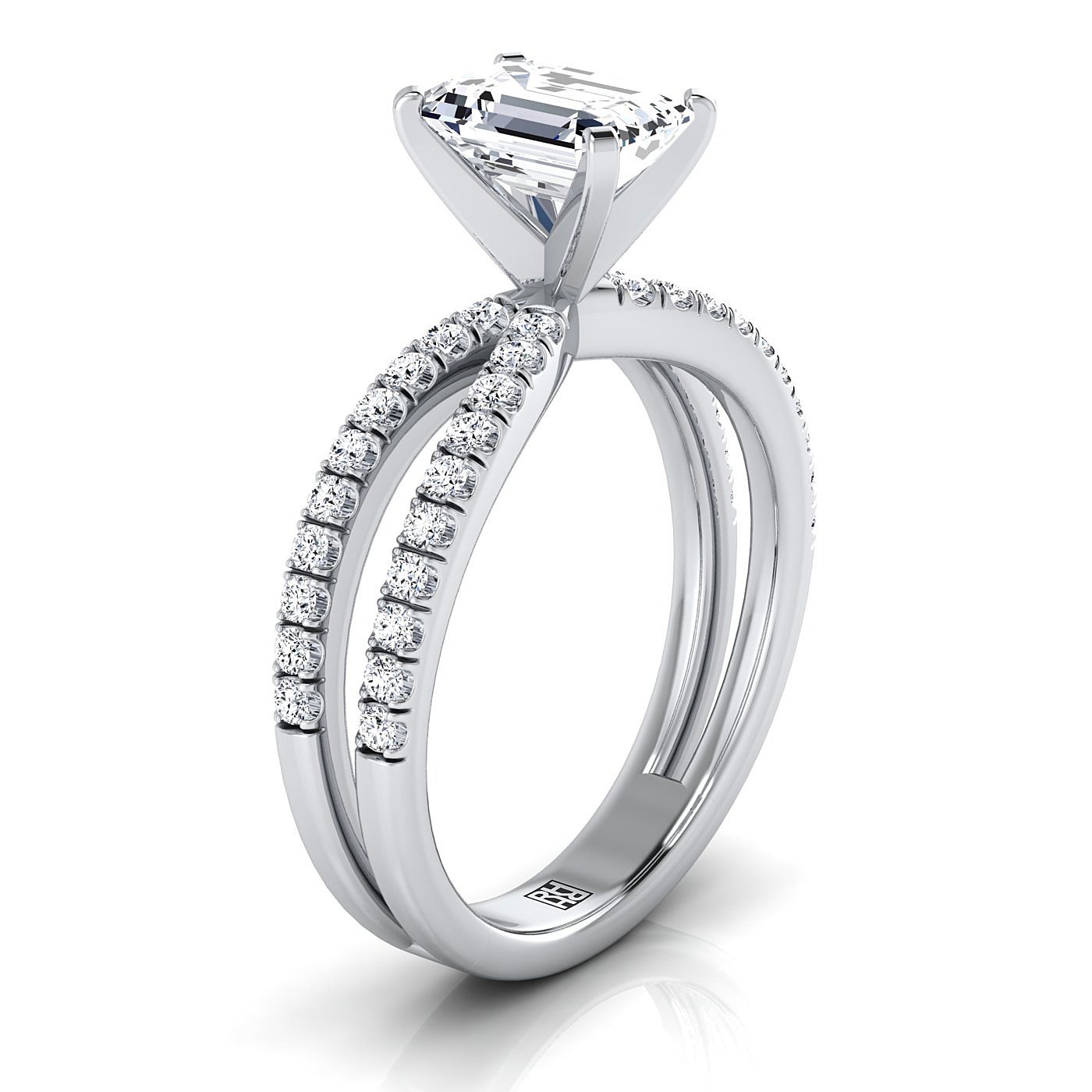 14K White Gold Emerald Cut Diamond Two Row Pavé Split Shank Engagement Ring -1/3ctw