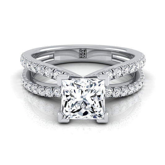 18K White Gold Princess Cut Diamond Two Row Pavé Split Shank Engagement Ring -1/3ctw