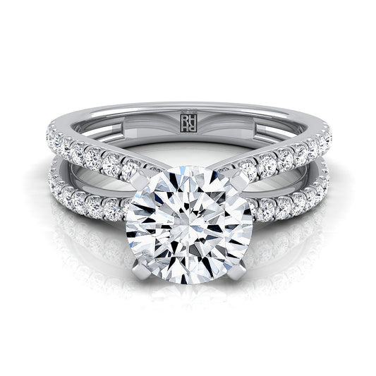 Platinum Round Brilliant Diamond Two Row Pavé Split Shank Engagement Ring -1/3ctw
