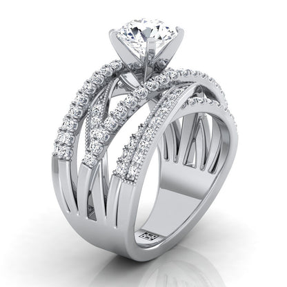 14K White Gold Round Brilliant Customized Multi Diamond Row Diamond Engagement Ring -7/8ctw