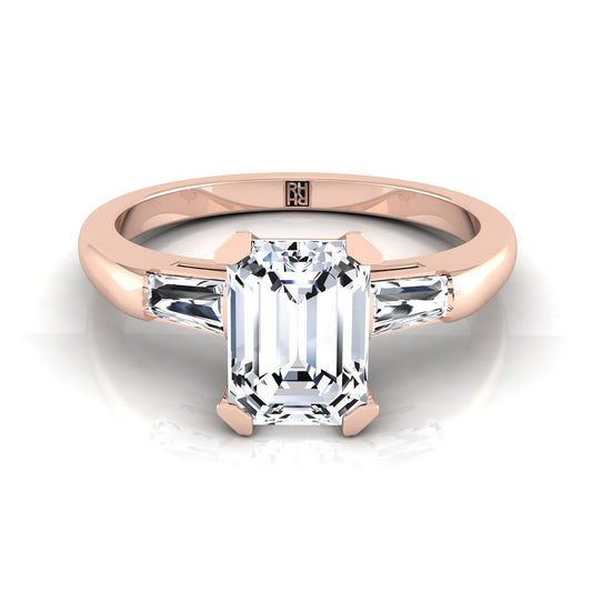 14K Rose Gold Emerald Cut Diamond Three Stone Tapered Baguette Engagement Ring -1/5ctw