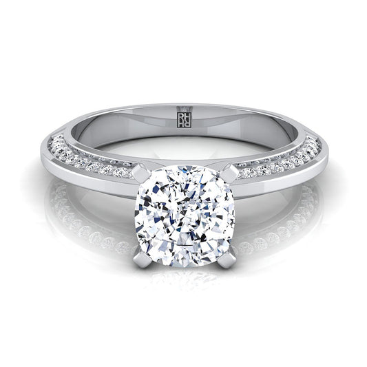 Platinum Cushion Diamond Knife Edge Micropave Engagement Ring -1/5ctw