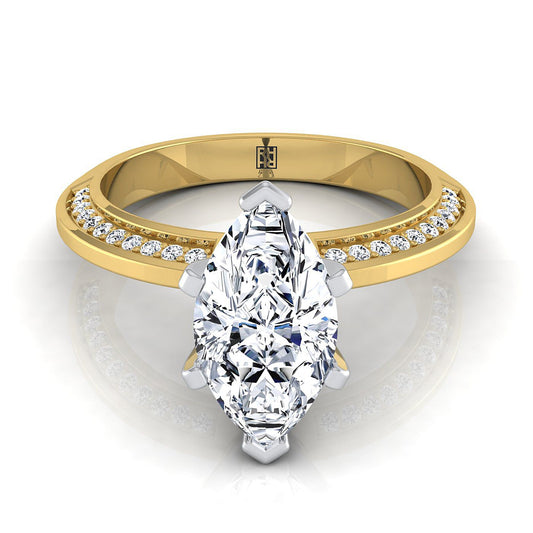 18K Yellow Gold Marquise  Diamond Knife Edge Micropave Engagement Ring -1/5ctw